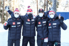 Marius Lindvik, Robert Johansson, Daniel-André Tande, Halvor Egner Granerud (NOR); Lahti (FIN) 26.02.22; Foto: Konstanze Schneider