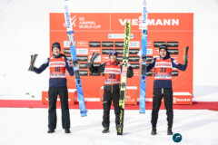 Ziga Jelar (SLO), Stefan Kraft (AUT), Timi Zajc (SLO); Skifliegen Oberstdorf 19.03.22; Foto: Konstanze Schneider